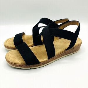 VJH Confort Sandals Women's 8.5 Open Toe Strappy Low Wedge Black Fabric‎ Slip On